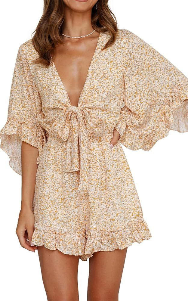 PRETTYGARDEN Women’s Floral Print Shorts Jumpsuit Wrap V Neck 3/4 Sleeve Casual Loose Oversized... | Amazon (US)