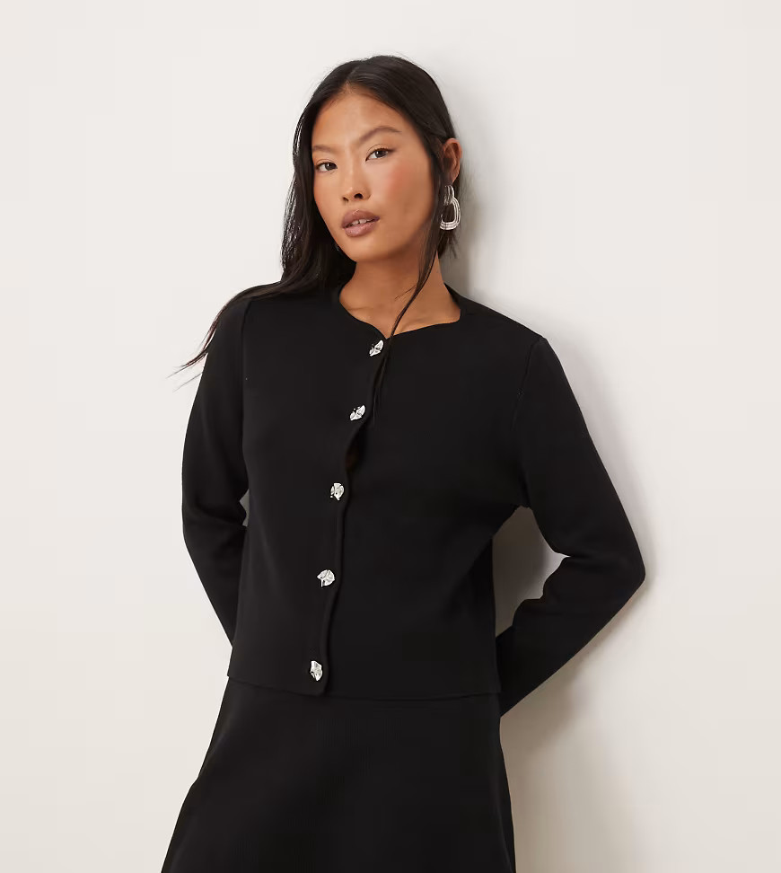 Vila Petite ribbed cardigan co-ord with hammered silver buttons in black | ASOS (Global)