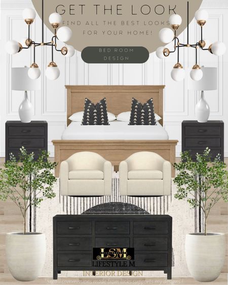 Modern farmhouse bedroom idea. Recreate the look at home with these furniture and decor finds! Black dresser, black nightstand, light wood bed frame, ceramic tree planter pot, realistic faux tree, white table lamp, bedroom chandelier light, accent chair, black throw pillow, stripe bedroom rug.

#LTKstyletip #LTKhome #LTKFind