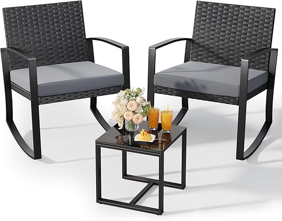 Qsun 3 Pieces Patio Furniture Set Rocking Bistro Set Outdoor Rattan Conversation with Coffee Tabl... | Amazon (US)