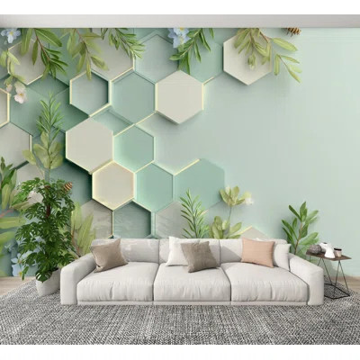 Futuristic 3D Peel and Stick Wallpaper Mint Green Hexagons Botanicals Soft Ambient Shadows Wall Murals 100"H x 144"W Removable PVC Wall Paper Self-Adh | Wayfair North America