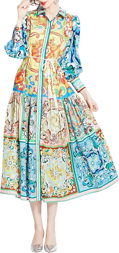 LAI MENG FIVE CATS Women's Floral Print Collared Neck Casual Button Up Maxi Dress | Amazon (US)