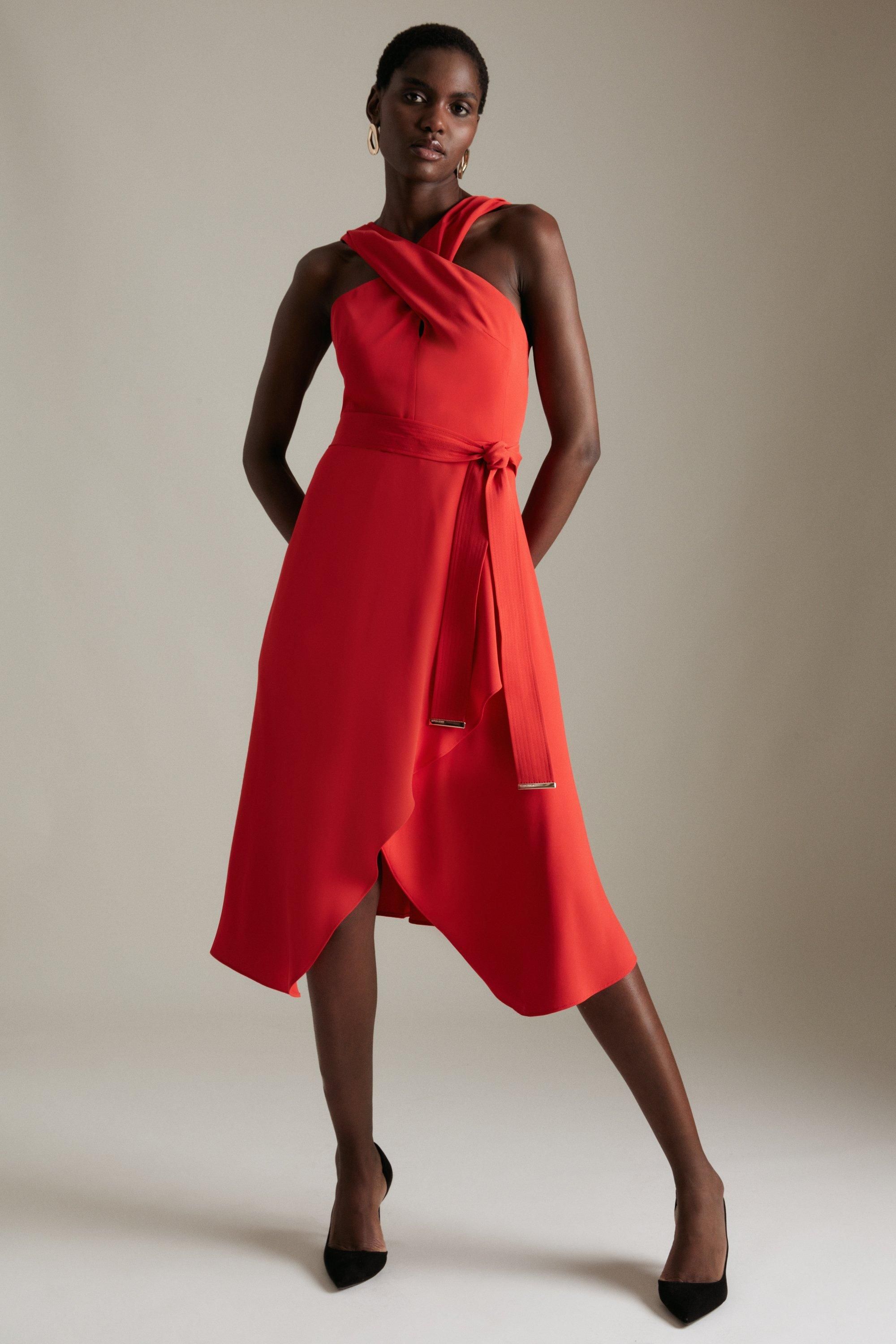 Soft Tailored Cross Neck Midi Dress | Karen Millen UK & IE