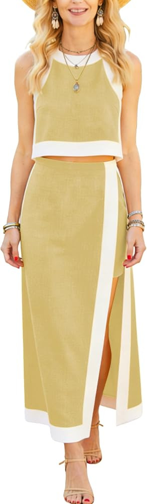 2 Piece Sets for Women Summer Sleeveless Skirt Sets Outfits Color Block Crewneck Skort Set with P... | Amazon (US)