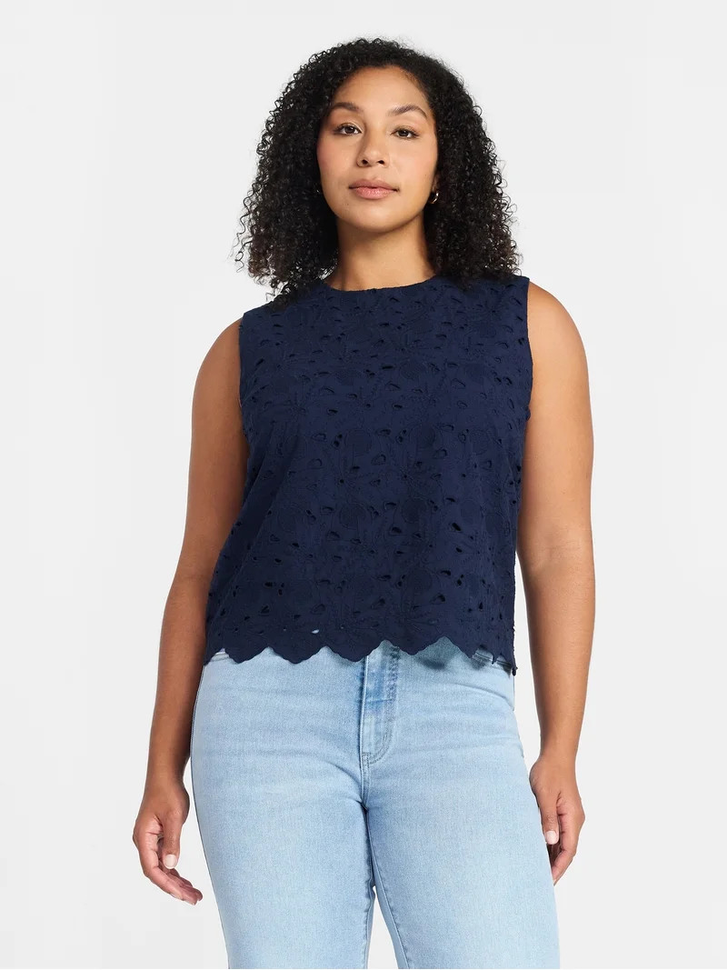 Time and Tru Women's and Women's Plus Sleeveless Cotton Eyelet Top, Sizes XS-4X | Walmart (US)