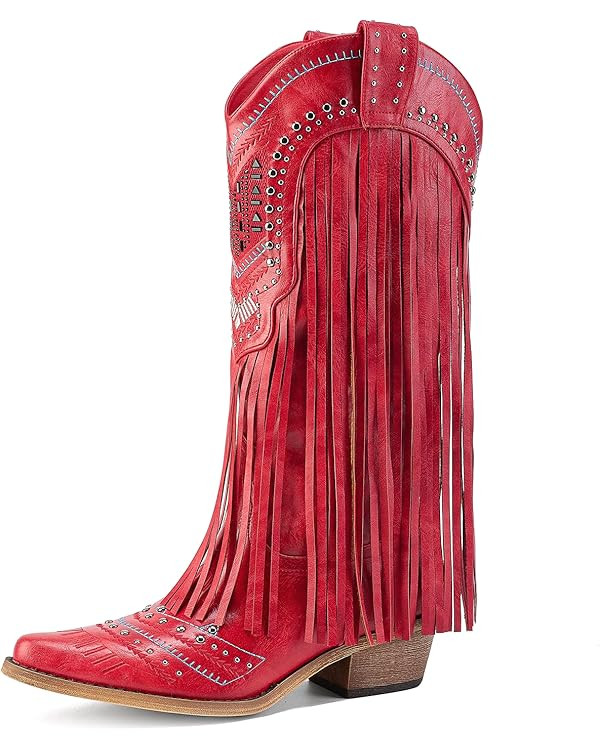 Fringe Cowboy Boots for Women Wide Calf Embroidered Tassal Cowgirl Boot Knee High Snip Toe Pull O... | Amazon (US)
