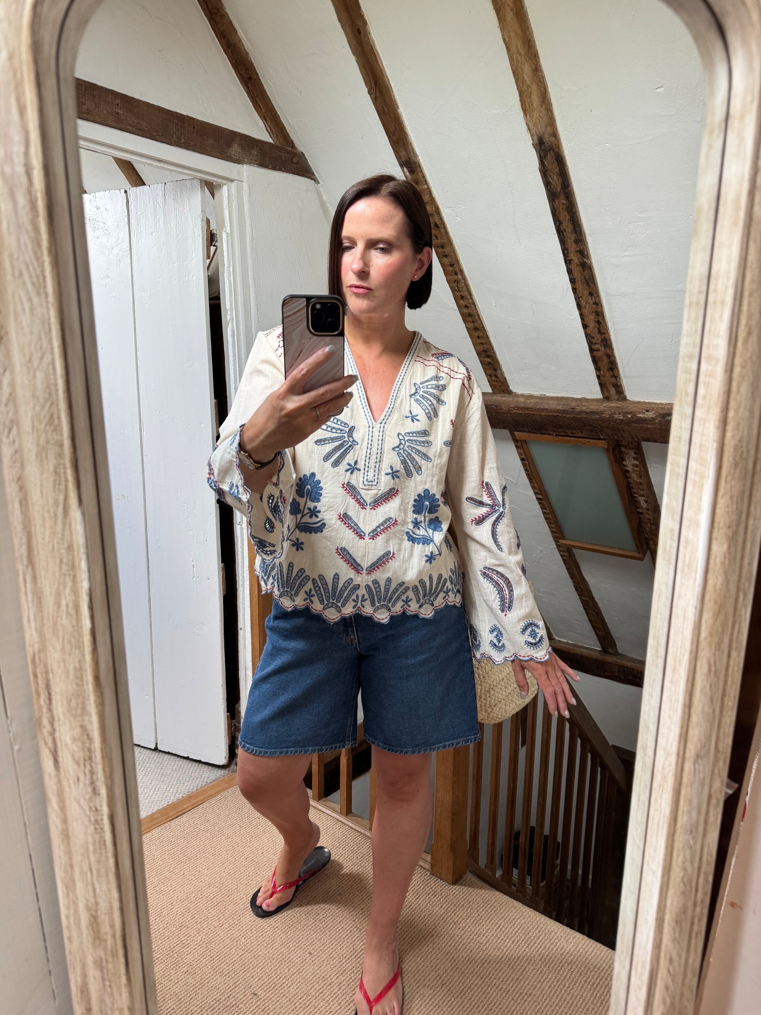 Embroidered Blousee
Denim Bermuda Shorts
Red jelly flip flops

I am wearing a size 12 in the top 

#LTKeurope #LTKuk #LTKsummer
