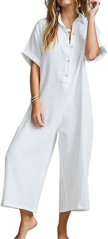 chouyatou Womens Casual Button Down Rolled-Up Sleeve Jumpsuit Pants Summer Wide Leg Overall Rompe... | Amazon (US)