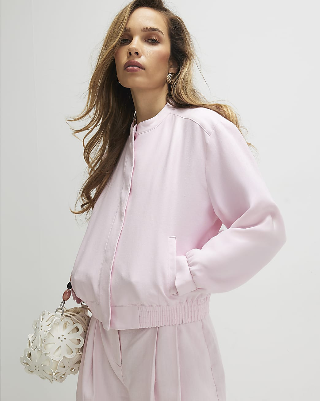 Pink Linen Blend Tailored Bomber Jacket | River Island UK & IE