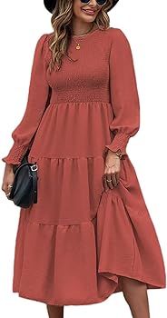 SEBOWEL Women Crew Neck Long Sleeve Maxi Dress Smocked Tiered Ruffle Swing A Line Dress Flowy Coc... | Amazon (US)