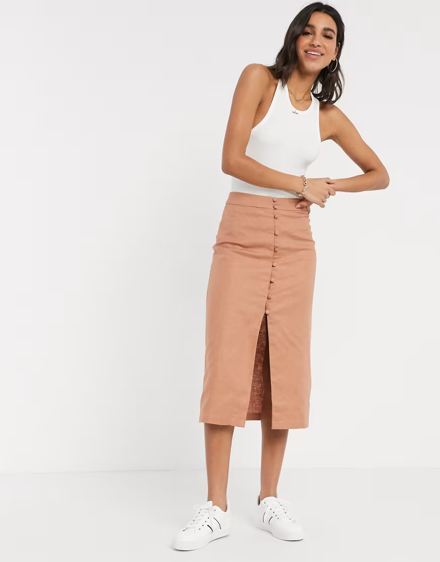 ASOS DESIGN splendid linen button through midi skirt-Brown | ASOS (Global)