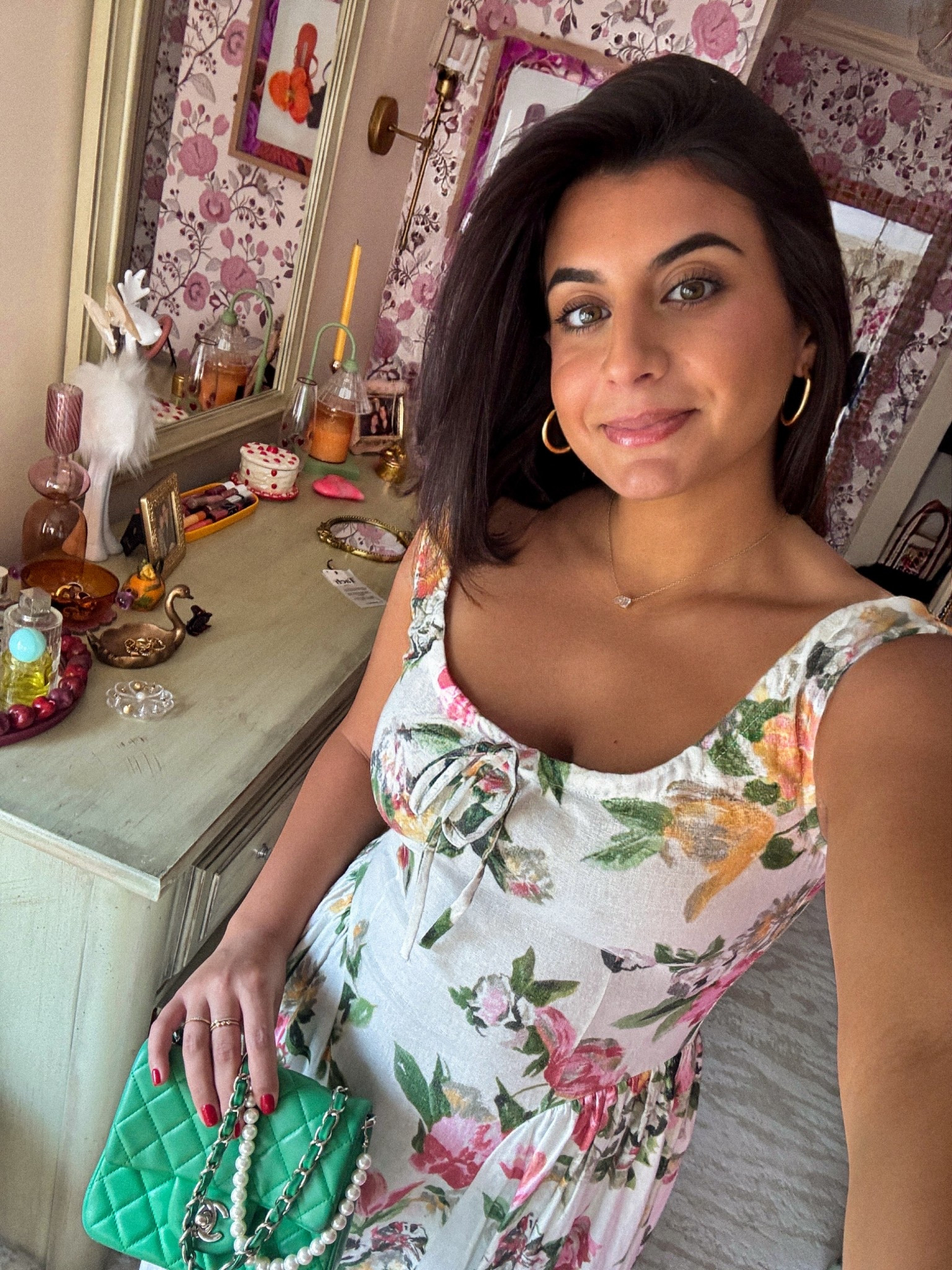 Floral drop waist linen dress & mini Chanel flap 