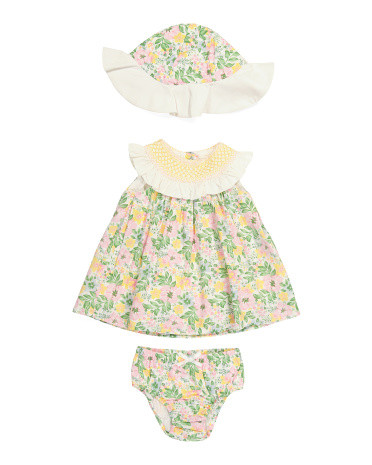 Newborn Girls Sleeveless Smocked Bib Dress With Hat And Bloomers | TJ Maxx