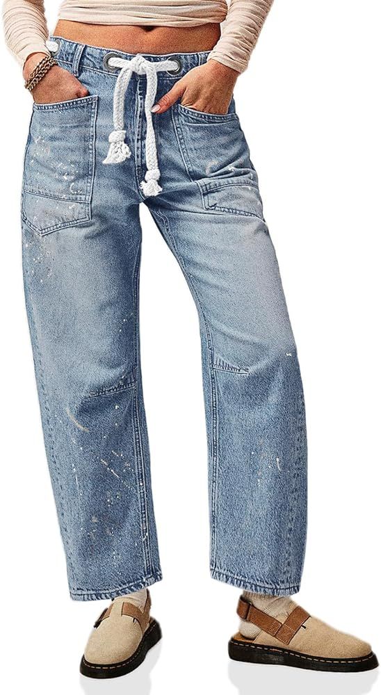 Cicy Bell Womens Baggy Barrel Horseshoe Jeans Wide Leg Drawstring Vintage Denim Pants with Front ... | Amazon (US)