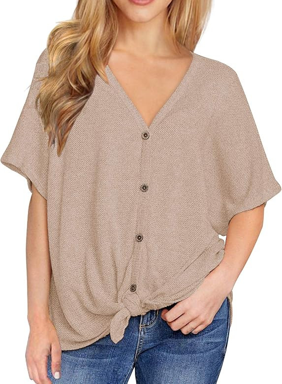 IWOLLENCE Womens Loose Henley Blouse Bat Wing Short Sleeve Button Down T Shirts Tie Front Knot To... | Amazon (US)