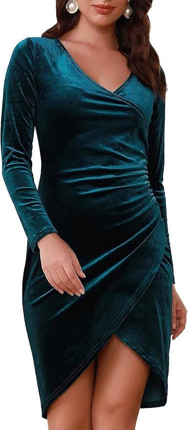 Aphratti Women's Fall Velvet V Neck Long Sleeve Split Wrap Ruched Bodycon Cocktail Party Dress fo... | Amazon (US)