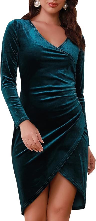 Aphratti Women's Fall Velvet V Neck Long Sleeve Split Wrap Ruched Bodycon Cocktail Party Dress fo... | Amazon (US)