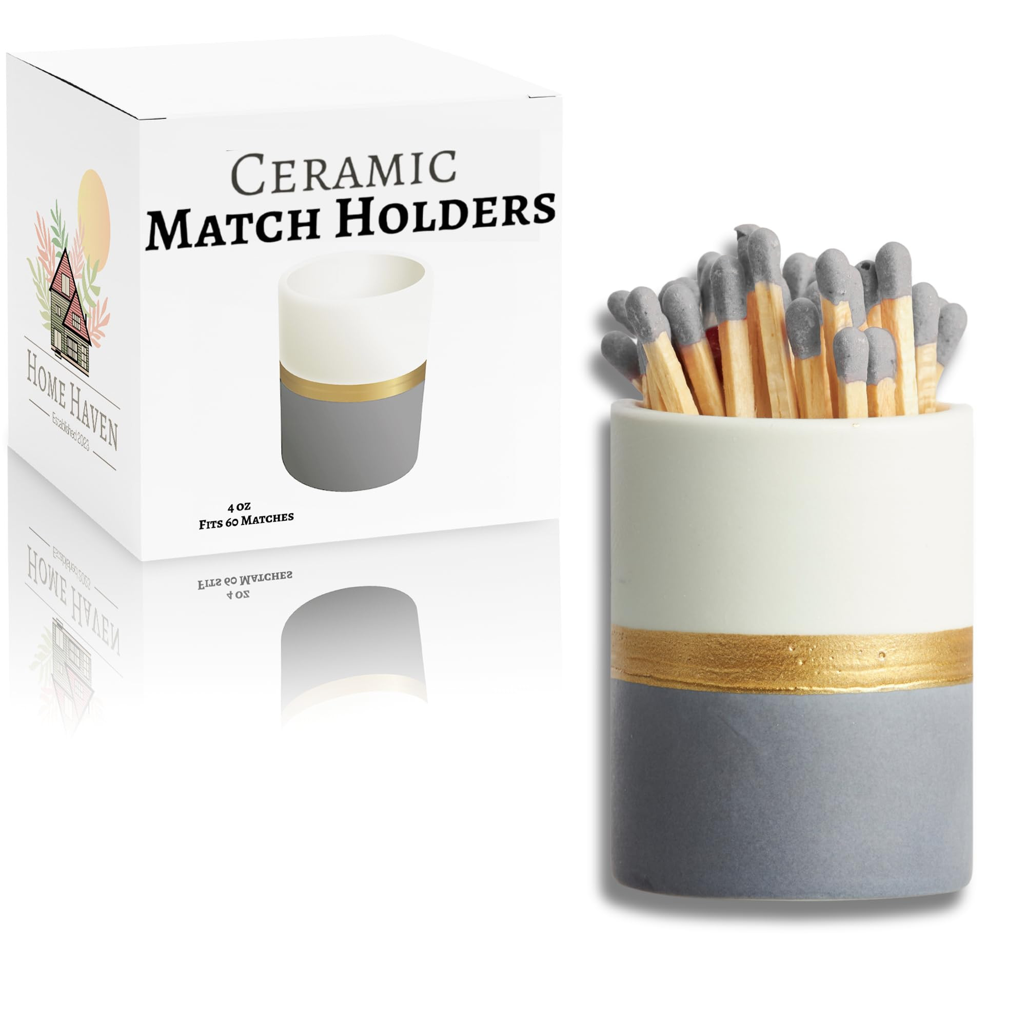 Ceramic Match Holder with Striker Pads - White/Navy/Gold - Decorative Matches in a Jar - Bathroom... | Amazon (US)