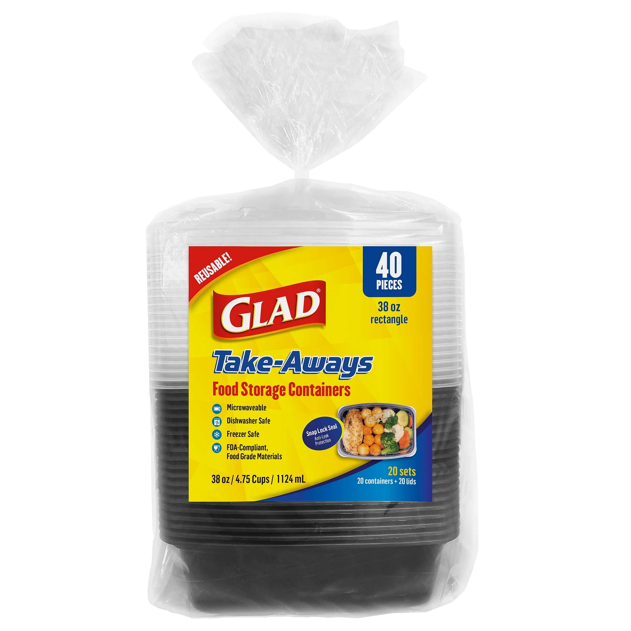 Glad Take-Aways Food Storage Containers, 38oz Rectangle, 40 piece | Walmart (US)