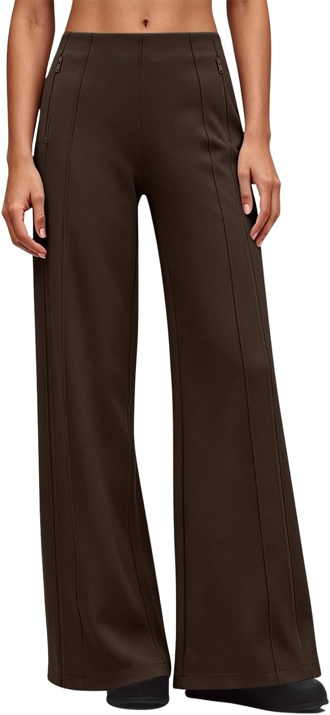 QINSEN Women's Wide Leg Yoga Pants High Waisted Zipper Pockets Stretchy Palazzo Pants with Drawstring Hem | Amazon (US)