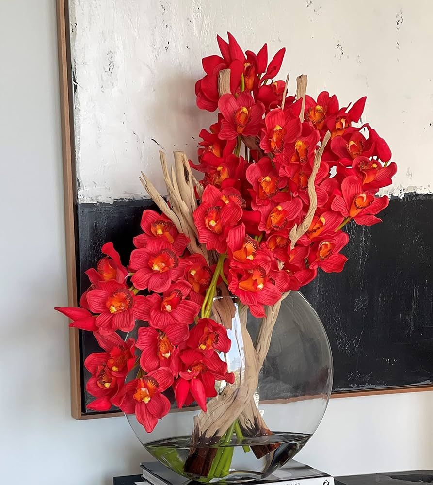 CFA Design Group Red Cymbidiums and Driftwood in Glass Moon Vase | Amazon (US)