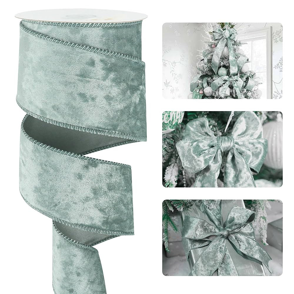 HUIHUANG Dusty Blue Velvet Wired Ribbon 2-1/2 inch, Christmas Velvet Ribbon for Christmas Tree, L... | Amazon (US)