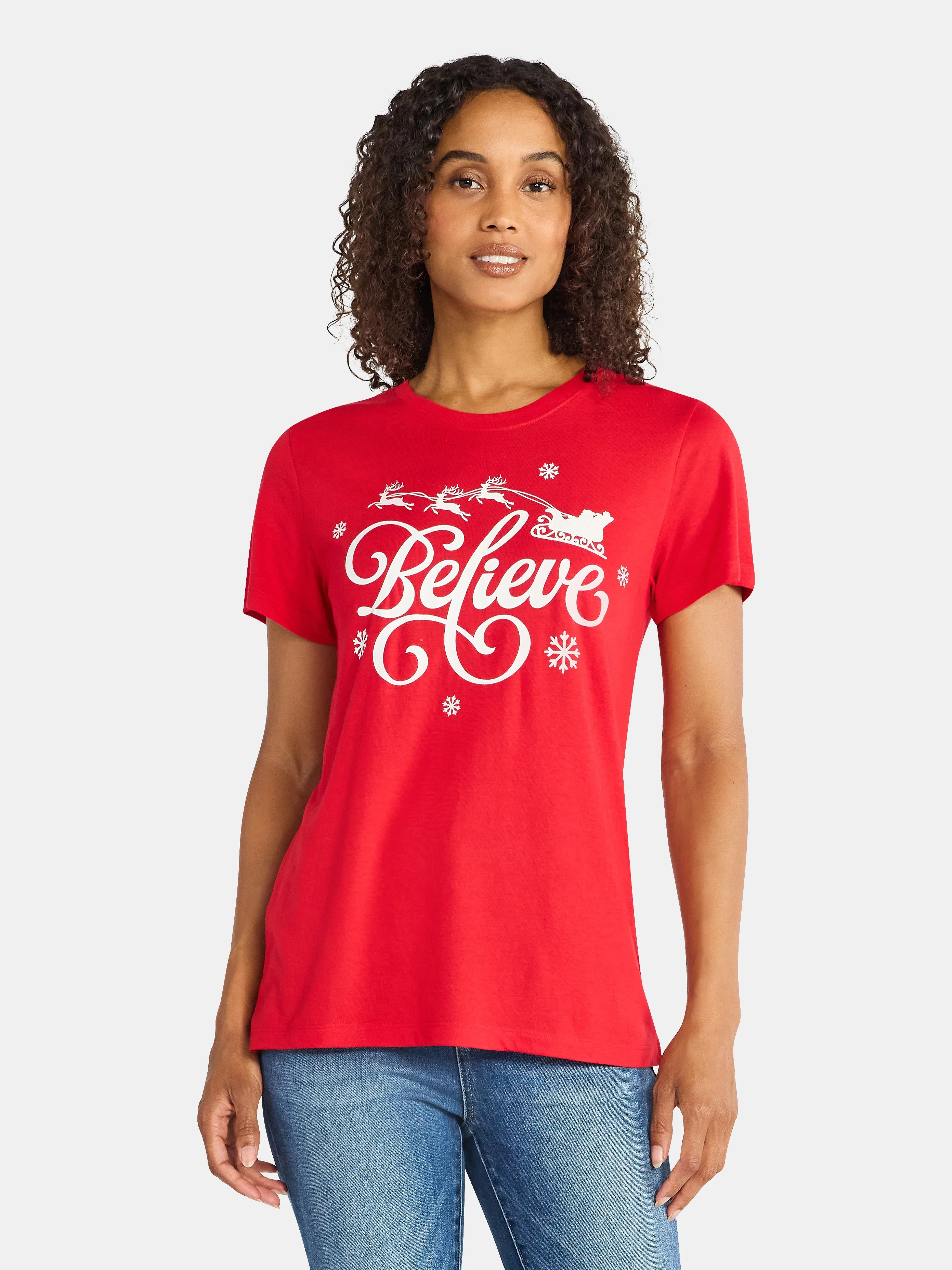 Christmas Women's Believe Sleigh Graphic Tee from Holiday Time, Sizes S-XXXL | Walmart (US)