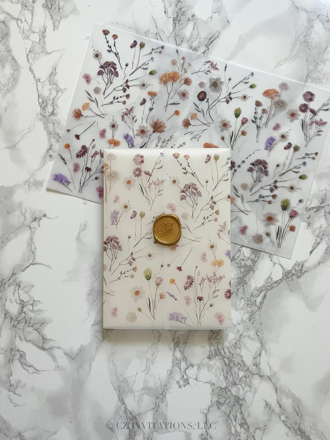 Purple Wildflower Vellum Jacket, 5x7 Vellum Wedding Invitation, Clear Neutral Floral Printed Wrap... | Etsy (US)