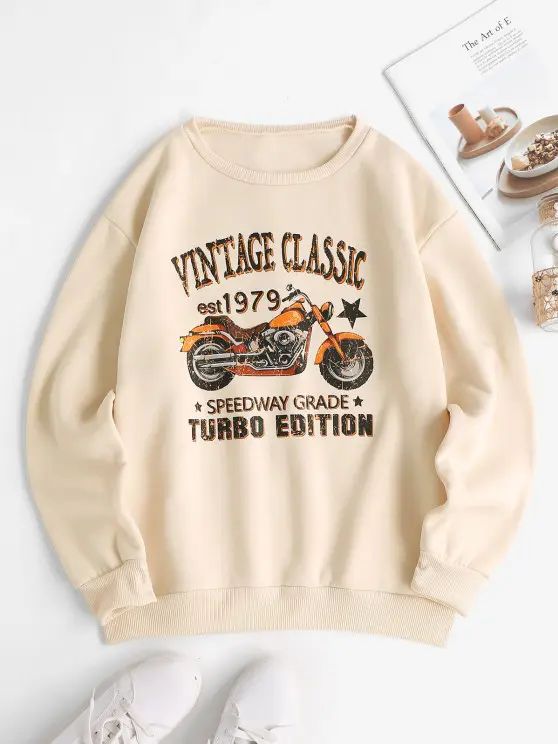 Ribbed-trim Fleece Lining Motorbike Graphic Sweatshirt   LIGHT YELLOW | ZAFUL (Global)