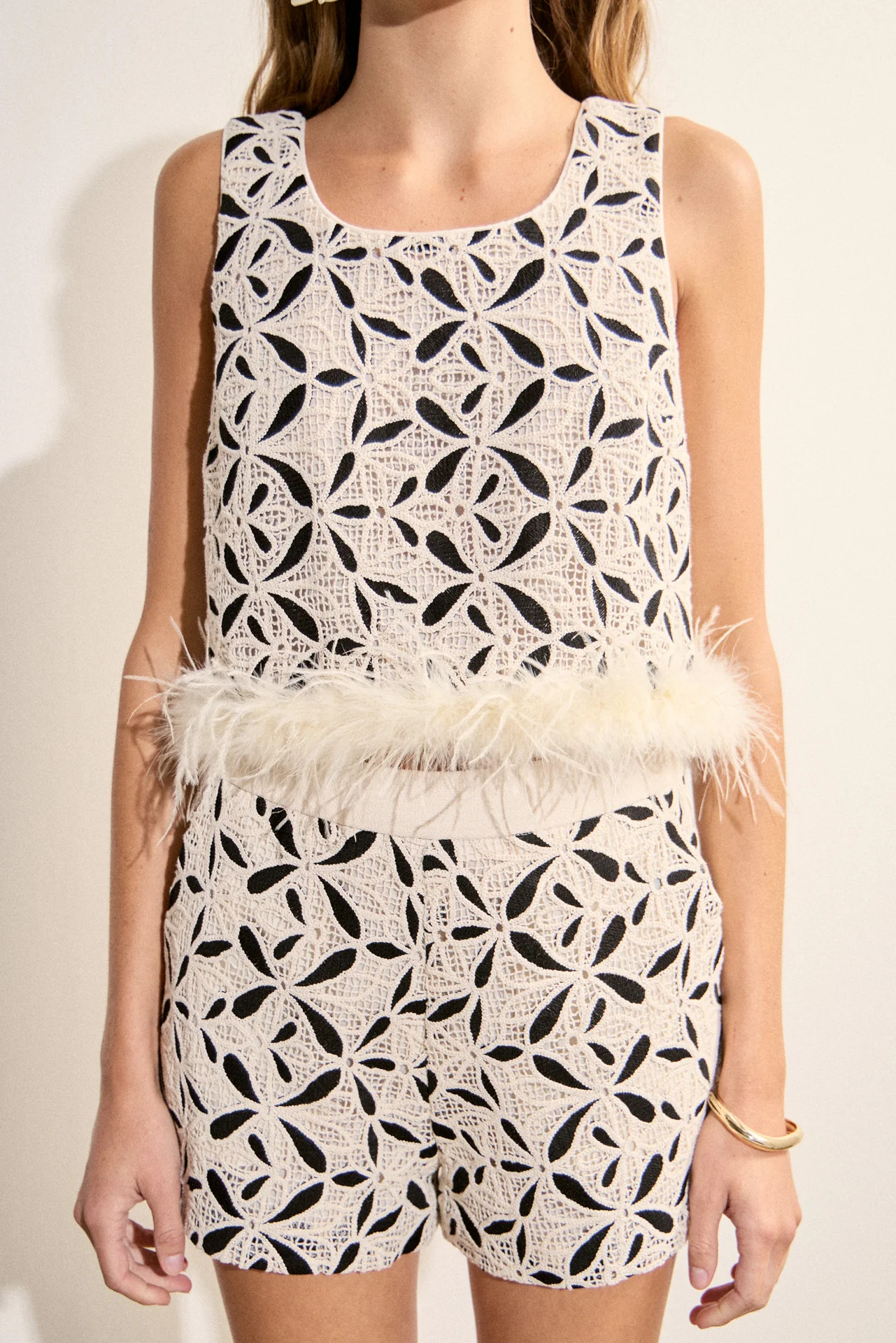 Crochet Lace Feather Trim Top | English Factory