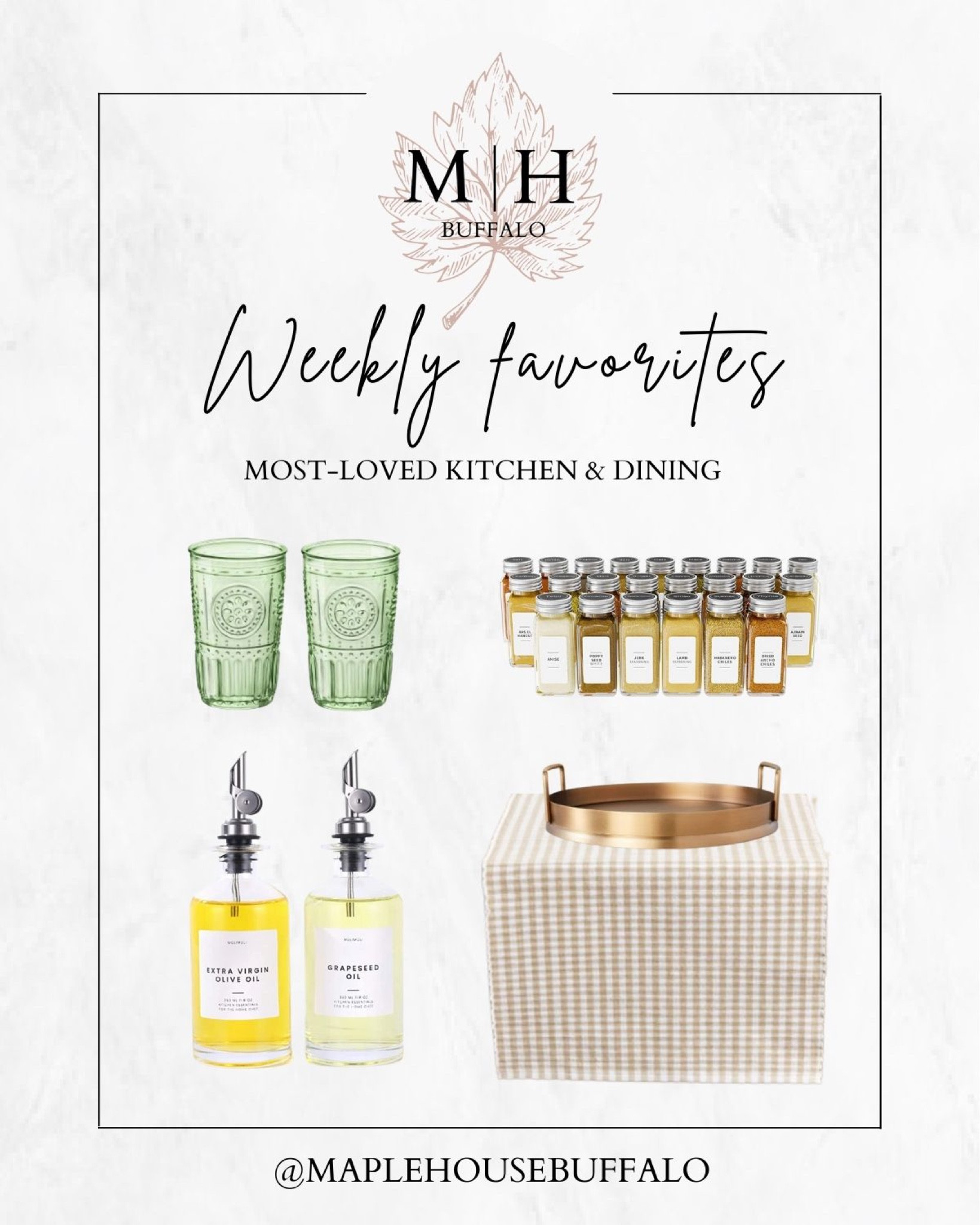 Most loved kitchen and dining finds from this past week! Coordinated spice jars with modern labels - gingham table runner - brass round tray - embossed glasses | tumblers - modern oil and vinegar dispensers - use code MoliMoli416 for 5% off your dispensers!

#LTKhome #LTKFind #LTKunder50