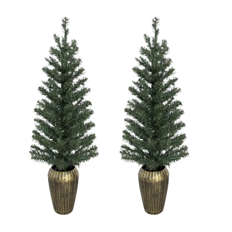 3.5' Pre-Lit Green Artificial Porch Christmas Trees with 35 Warm White LED Lights, 2 Count, by Ho... | Walmart (US)