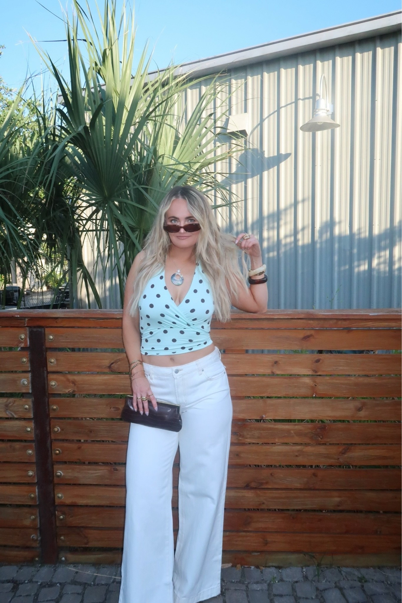 Polka dot halter + white jeans🫶🏻