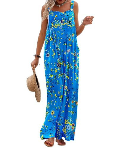 YESNO Women's Summer Casual Overalls Loose Wide Leg Jumpsuits Boho Floral Printed Baggy Rompers with Pockets L PZH CR044 | Amazon (US)