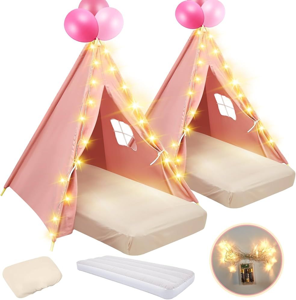 2 Pack Kids Teepee Tent Bulk with Light String, Inflatable Airbed, Bedding Fitted Sheet, Washable... | Amazon (US)