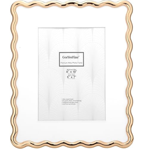 GorYeeFine 8x10'' Heavy-Duty Zinc Alloy Gold Photo Frames with Acid Free Mat for 5x7'',Wave Design Gold Picture Frame 8x10'' with Black Velvet Backing,for Desktop and Wall Hanging | Amazon (US)