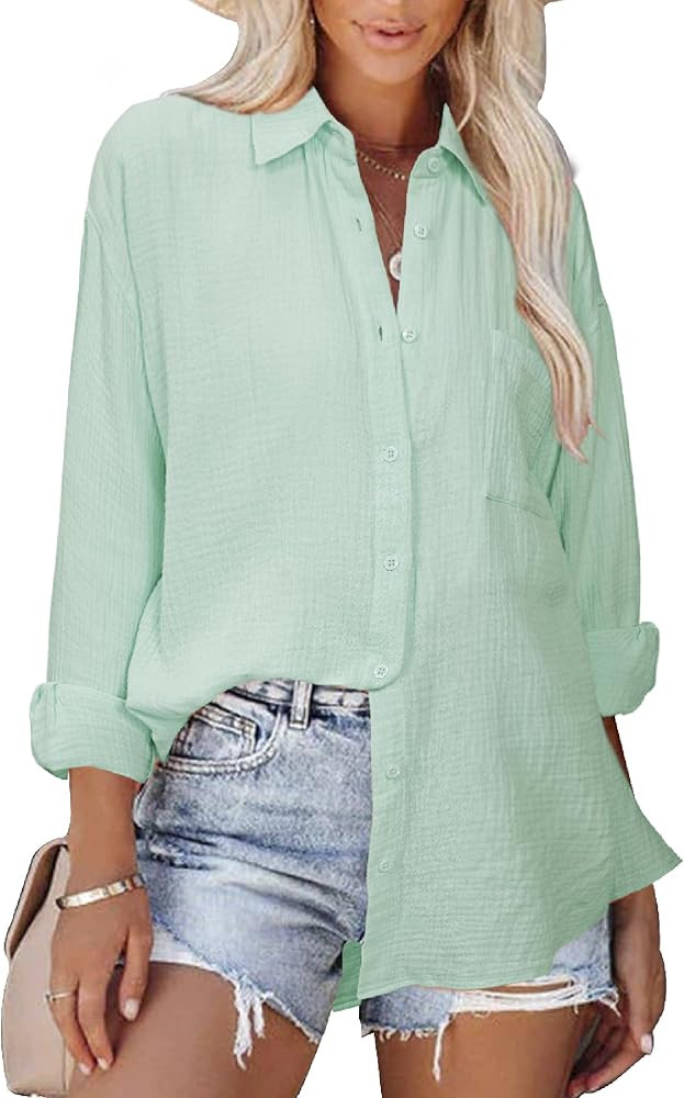 siliteelon Womens Button Down Shirts Cotton Long Sleeve Blouse Oversized Boyfriend Collared Blous... | Amazon (US)