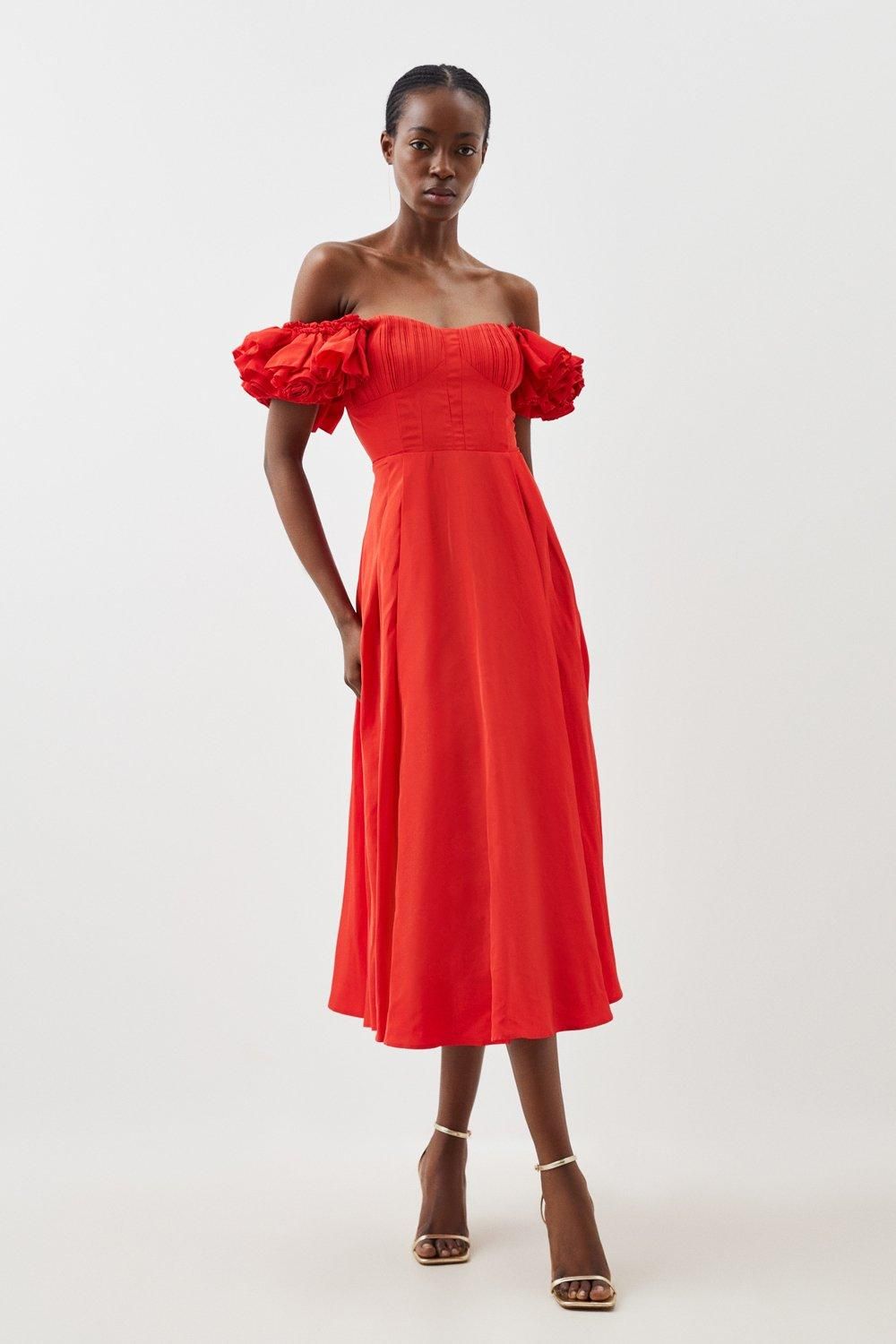 Petite Taffeta Ruffle Woven Midi Dress | Karen Millen UK + IE + DE + NL