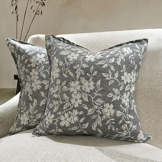 makkey Gray Floral Pillow Covers 18x18 Pack of 2 Pillow Cover Jacquard Couch Pillows Vintage Flow... | Amazon (US)