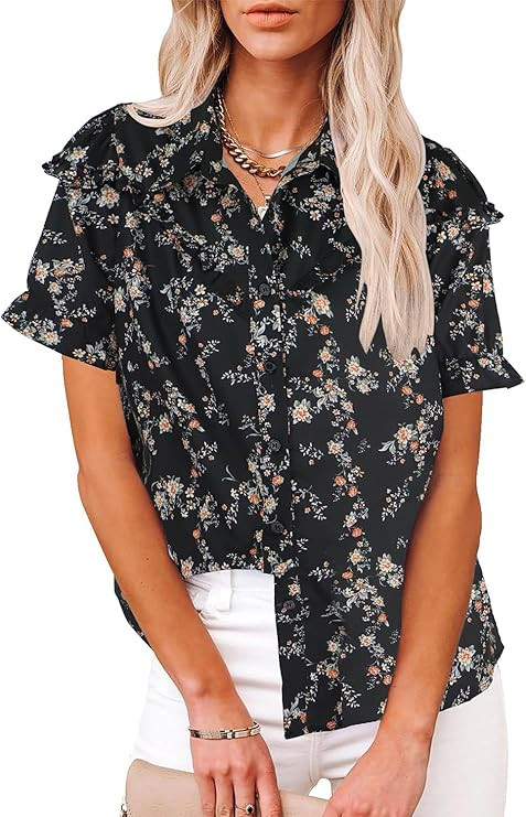 ECOWISH Women Casual Ruffle Tops: Summer 2025 Short Sleeve Button Down Work Blouses Fashion Loose... | Amazon (US)