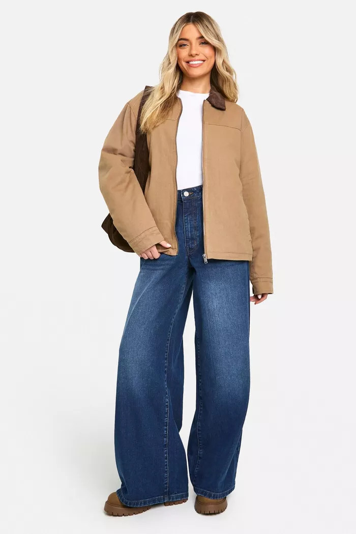 Washed Cord Collar Oversized Barn Jacket | boohoo (US & Canada)