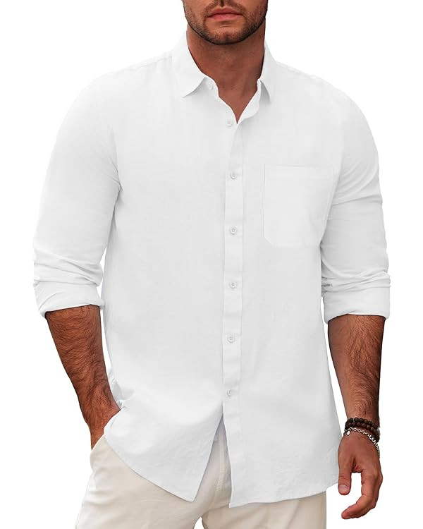 Mens Linen Button Down Shirts Long Sleeves Summer Beach Casual Regular Fit Shirt Tops | Amazon (US)
