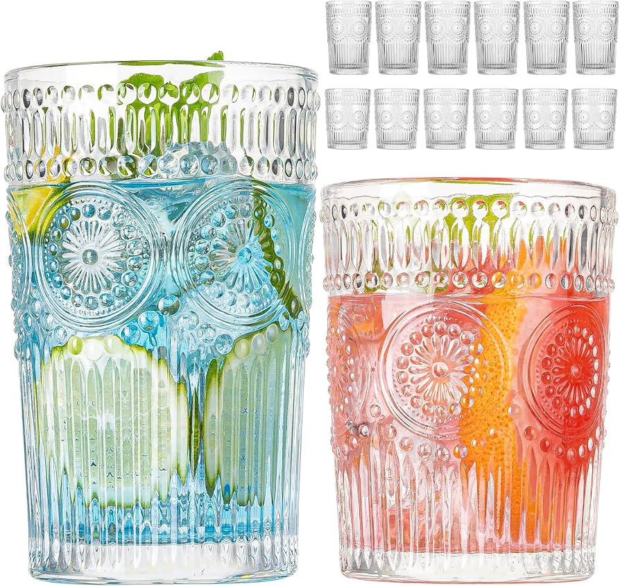 Vintage Drinking Glasses Set of 12, Textured Clear Striped Glass Cups-6 Highball Glasses 13oz & 6... | Amazon (US)