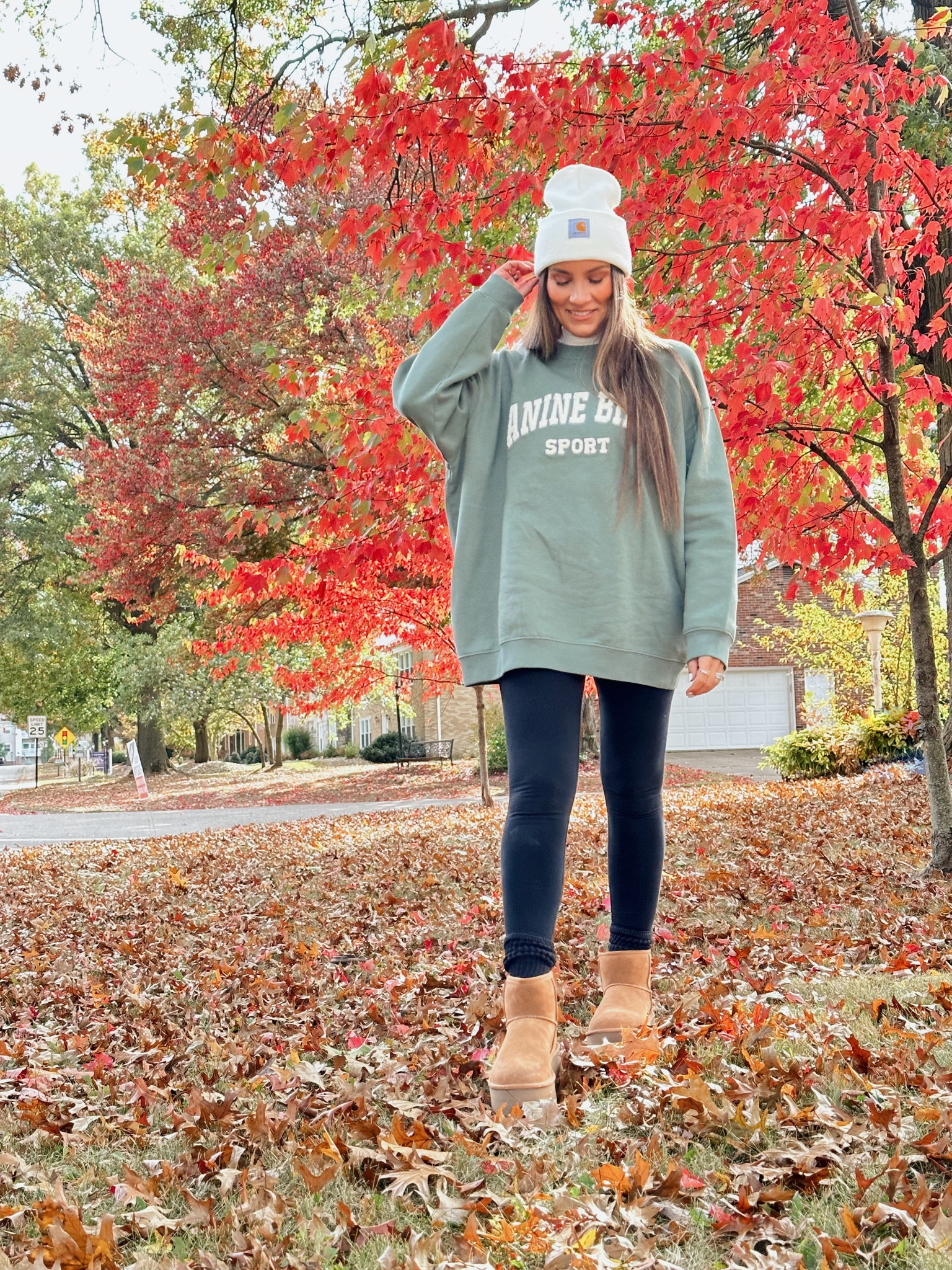 Fall outfit inspiration: Anine Bing sweatshirt, shaping leggings, Carhartt beanie, slouchy socks, and platform uggs. Wearing size Small in sweatshirt. 

#fallfashion #falloutfit #founditonamazon

#LTKfindsunder50 #LTKSeasonal #LTKfindsunder100