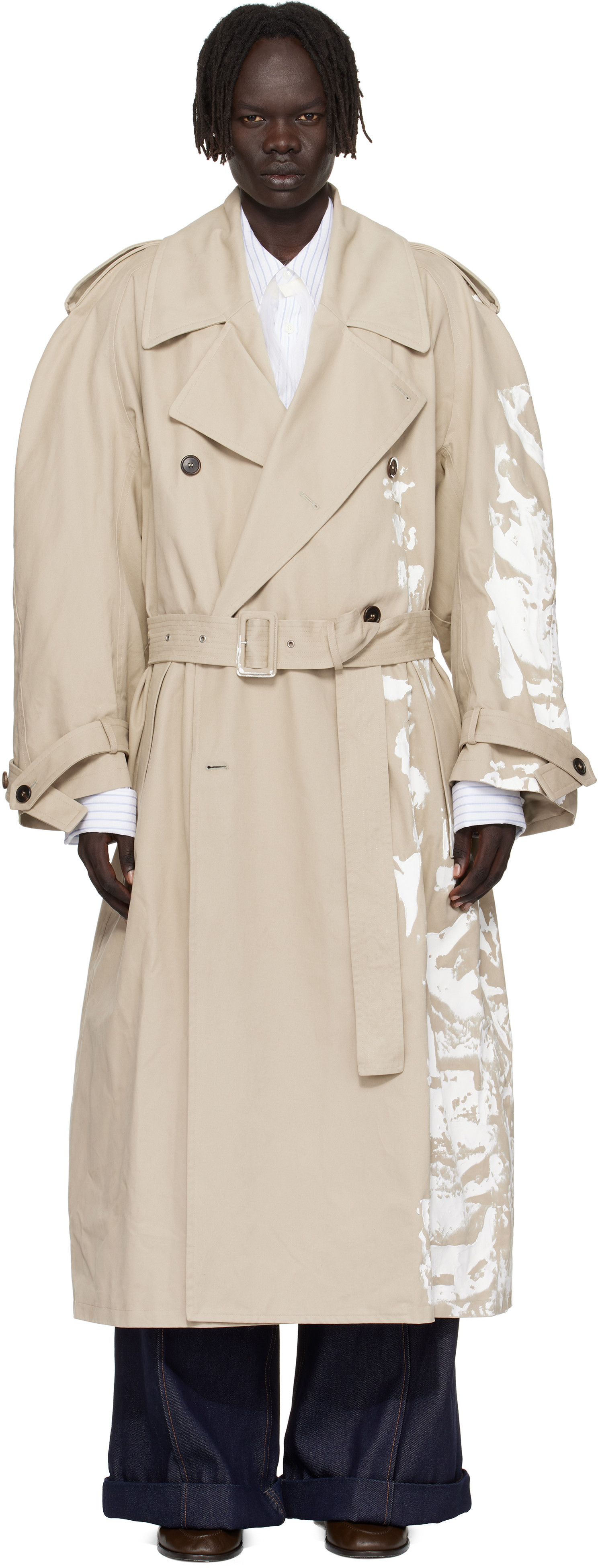 Hed Mayner Beige Painted Trench Coat | SSENSE