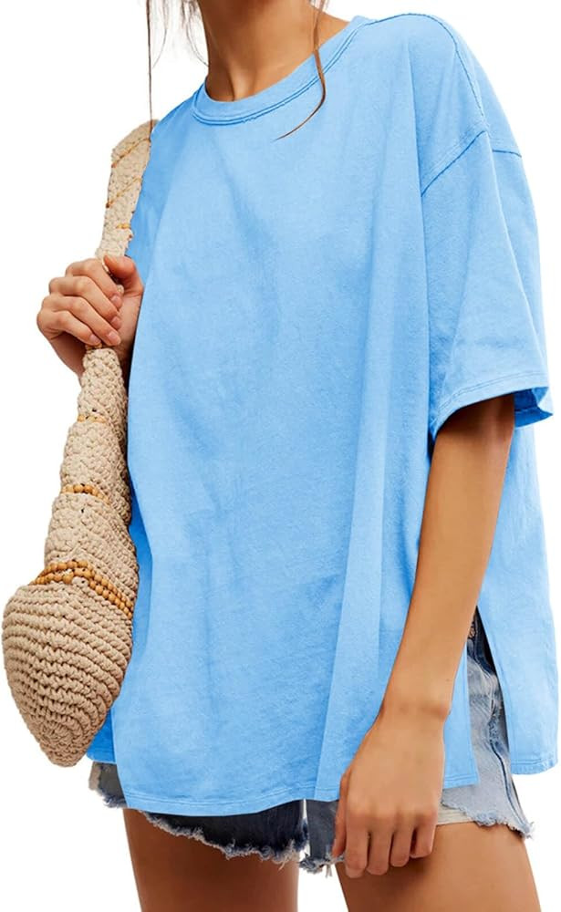 Tankaneo Womens Oversized Tshirts Summer Casual Short Sleeve Crew Neck T Shirt Loose Fit Side Sli... | Amazon (US)