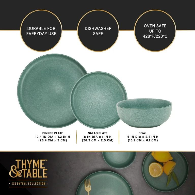 Thyme & Table 12-Piece Stoneware Dinnerware Set, Caspian Green | Walmart (US)