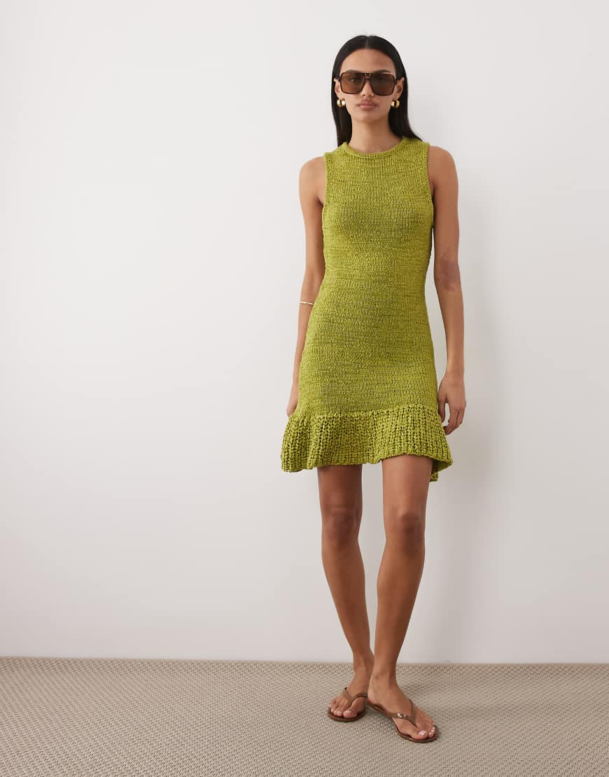 ASOS DESIGN tape yarn dress with frill hem in green | ASOS (Global)