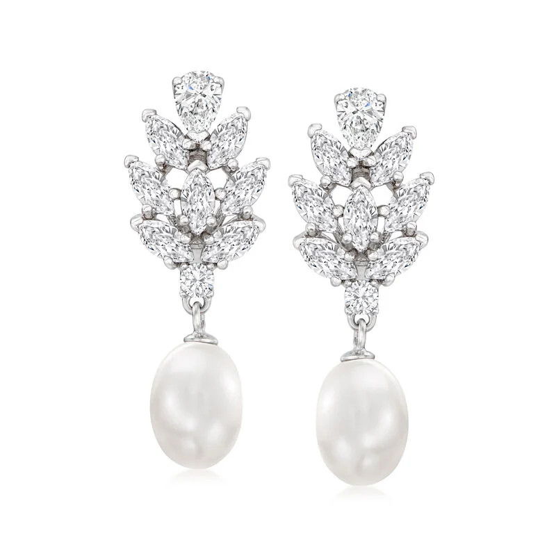 8-8.5mm Cultured Pearl and 3.30 ct. t.w. CZ Drop Earrings in Sterling Silver | Ross-Simons