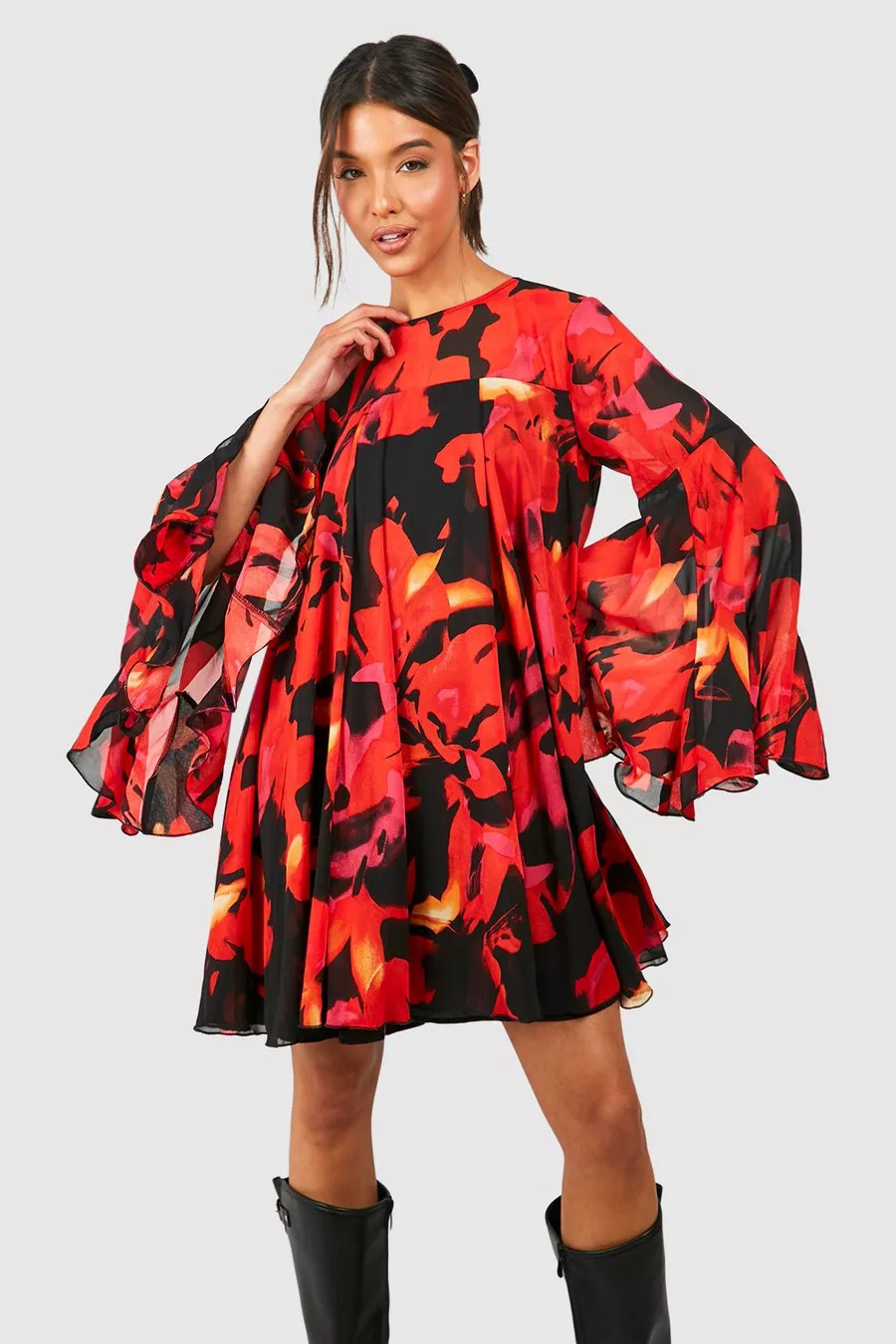 Floral Flare Sleeve Chiffon Smock Dress | Boohoo.com (UK & IE)